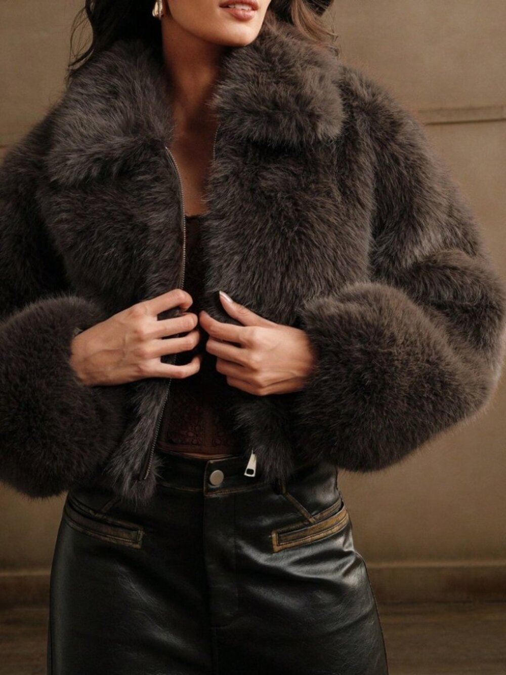 Charcoal Brown Faux Fur Collared Zip Front Cropped Teddy Jacket Coat